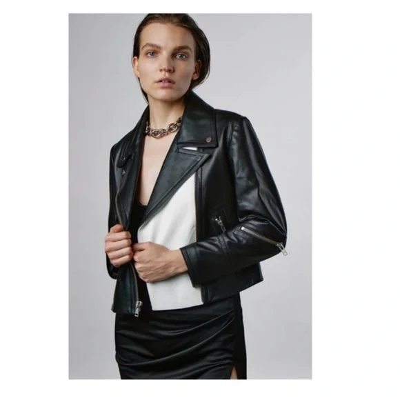 New! YIGAL AZROUEL Paneled Color Block Leather Moto Jacket in Black and White - Picture 5 of 13